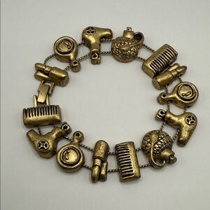 Vintage Gold Tone Hairdresser Slide Charm Bangle Cuff Statement Bracelet